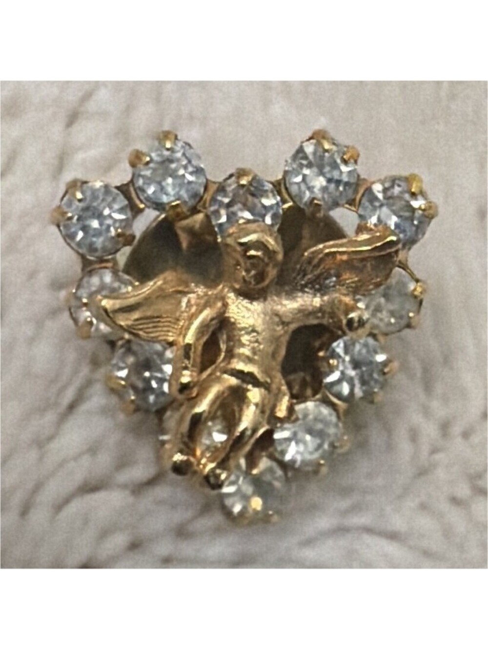 Angel Shaped Brooch Pin Gold Tone Heart Clear Rhinestone Crystal Round